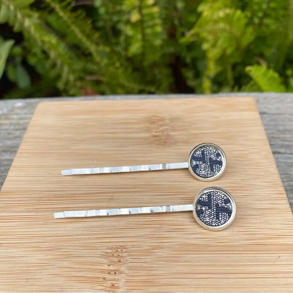 Upcycled/Repurposed Gucci Blue Monogram Bobby Pins/Hairclips. Designer Luxury